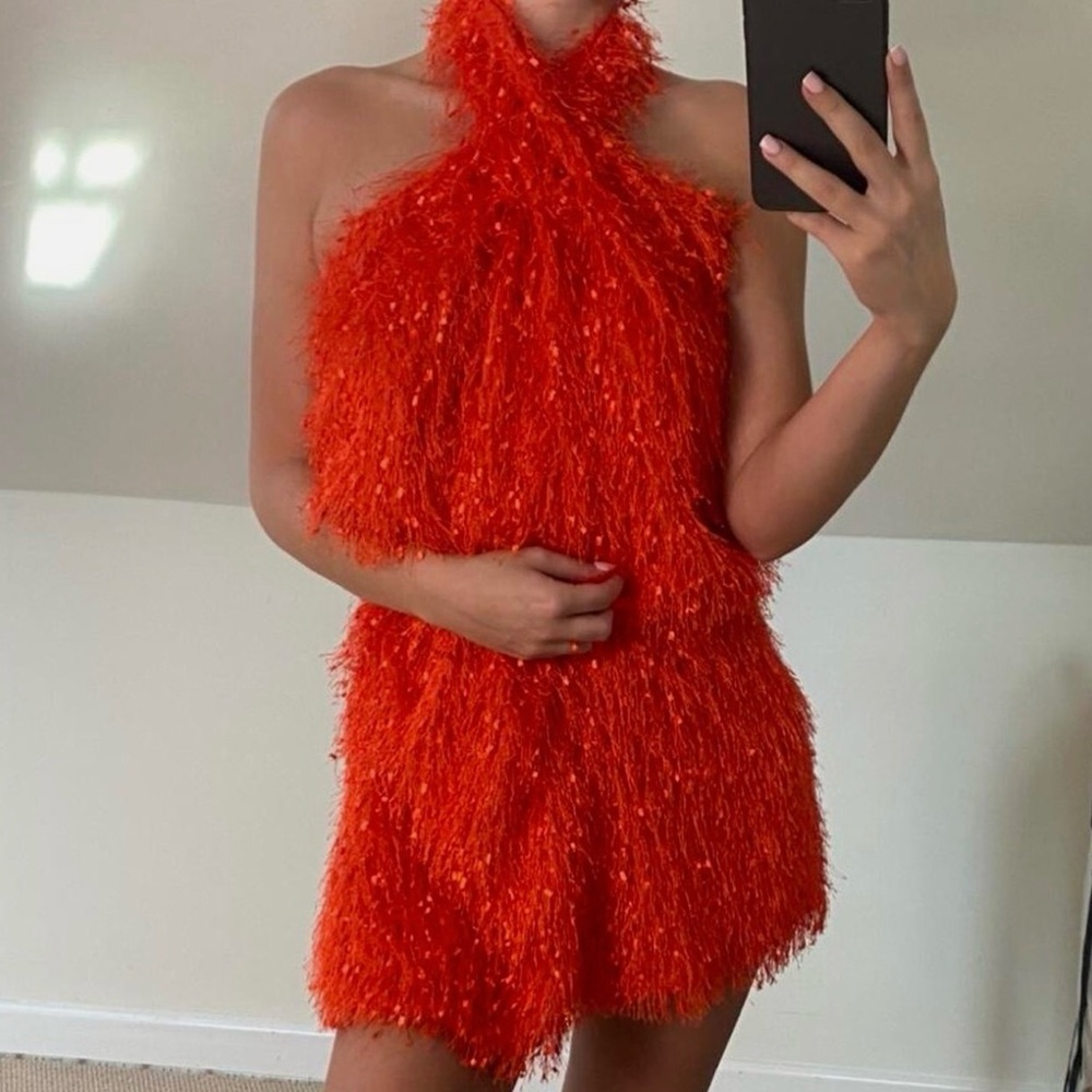 Zara Orange Feather Halter Mini Dress